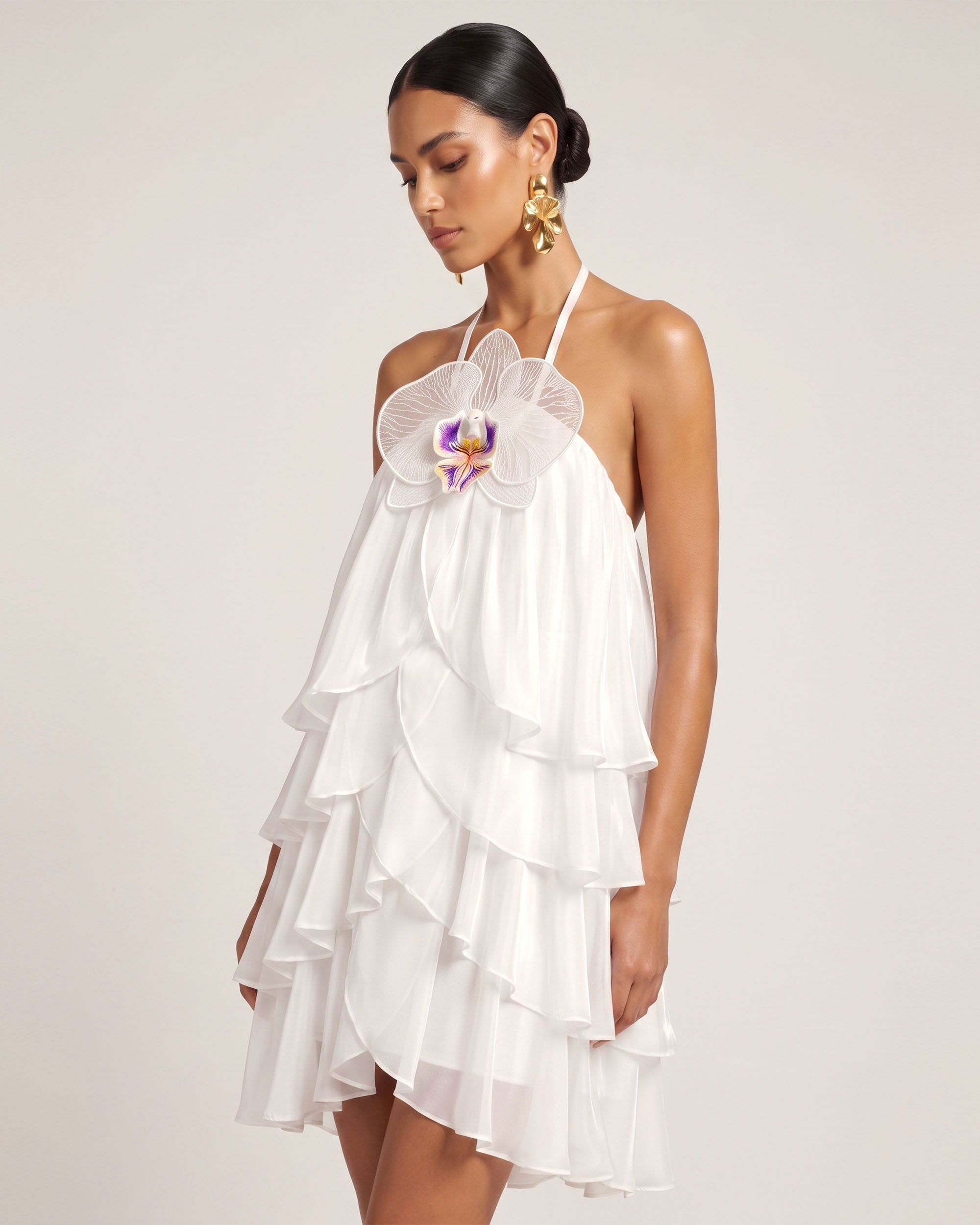 Orchid Embroidered Tiered Halter Mini Dress - White