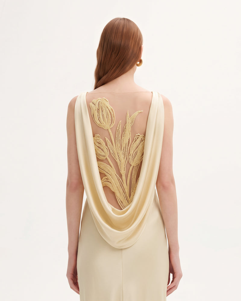 Tulip Appliqué Cowl-Back Satin Column Maxi Dress - Creamy Beige
