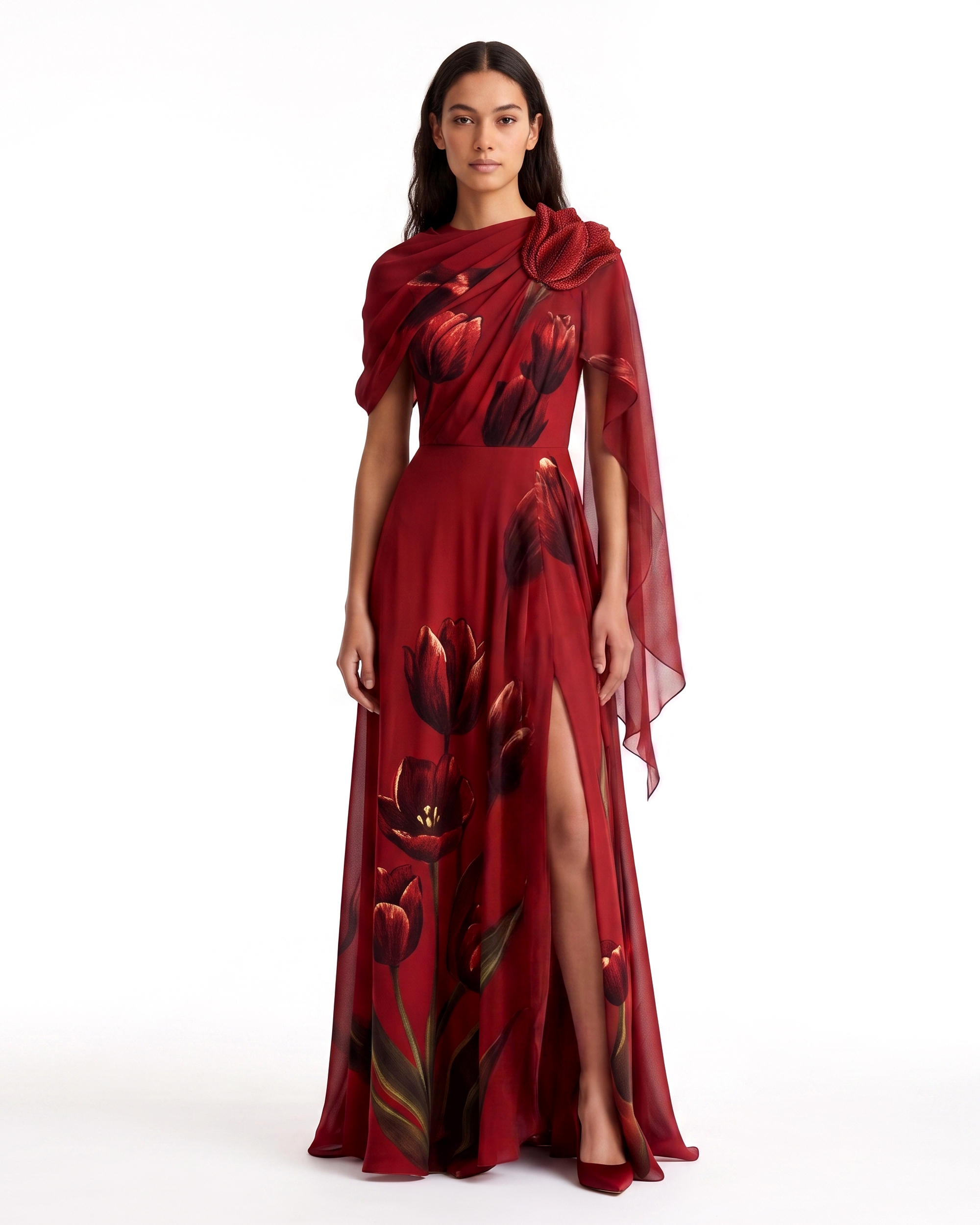 Tulip Floral Draped Cape Slit Maxi Dress - Burgundy