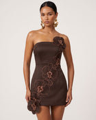 Orchid Embroidered Floral Appliqué Strapless Mini Dress - Brown
