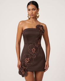 Orchid Embroidered Floral Appliqué Strapless Mini Dress - Brown