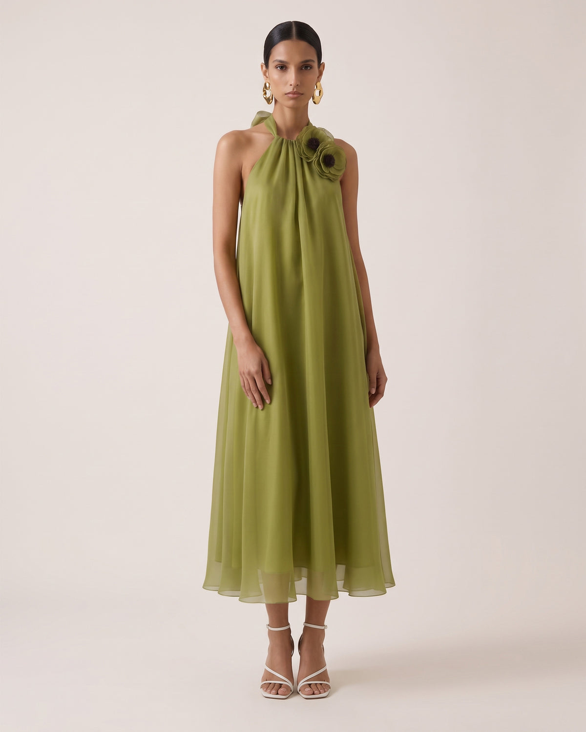 Poppy Embroidered Halter Neck Detail A-Line Midi Dress - Olive Green