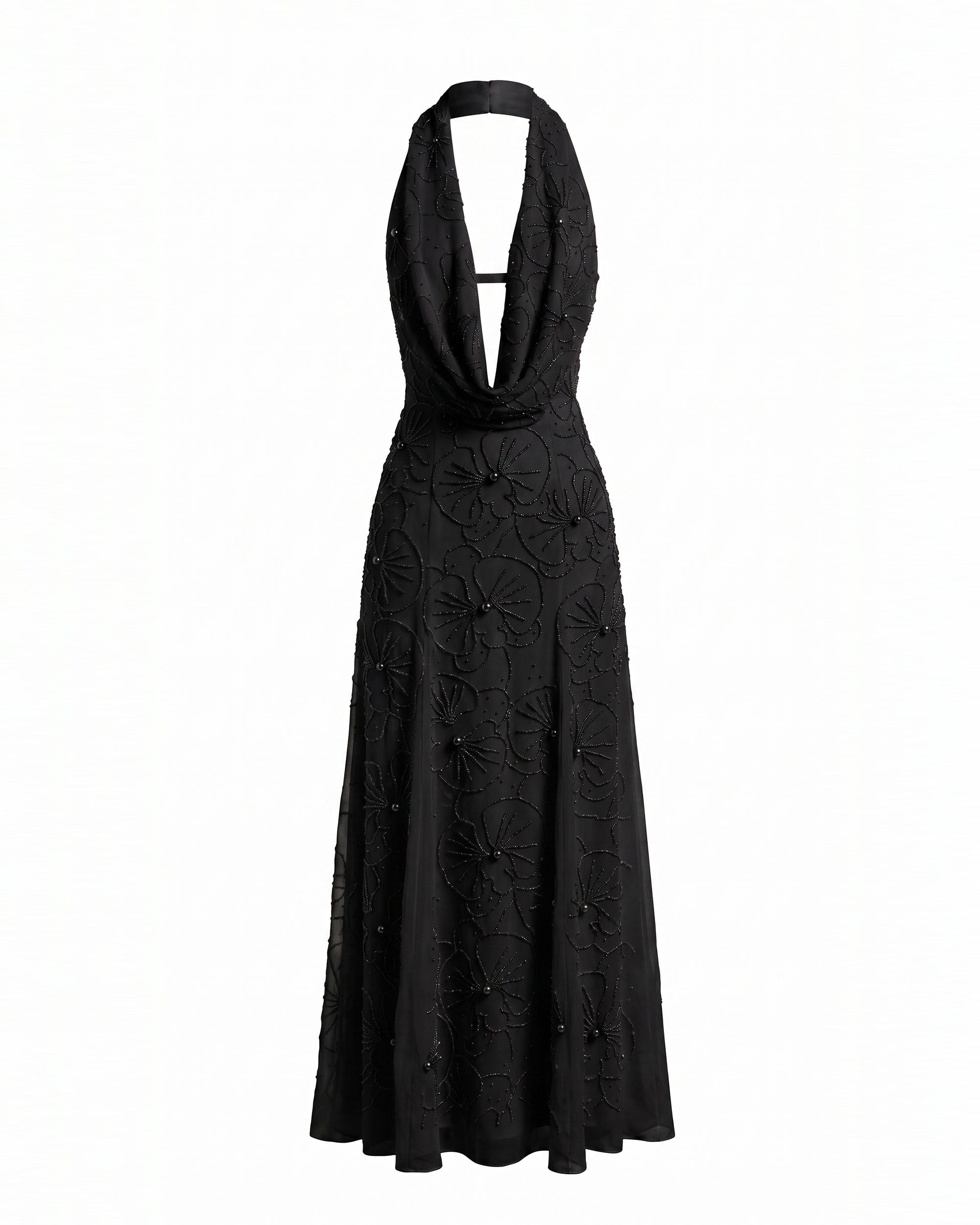 Orchid Beaded Embroidered A-Line Halter Maxi Dress - Black