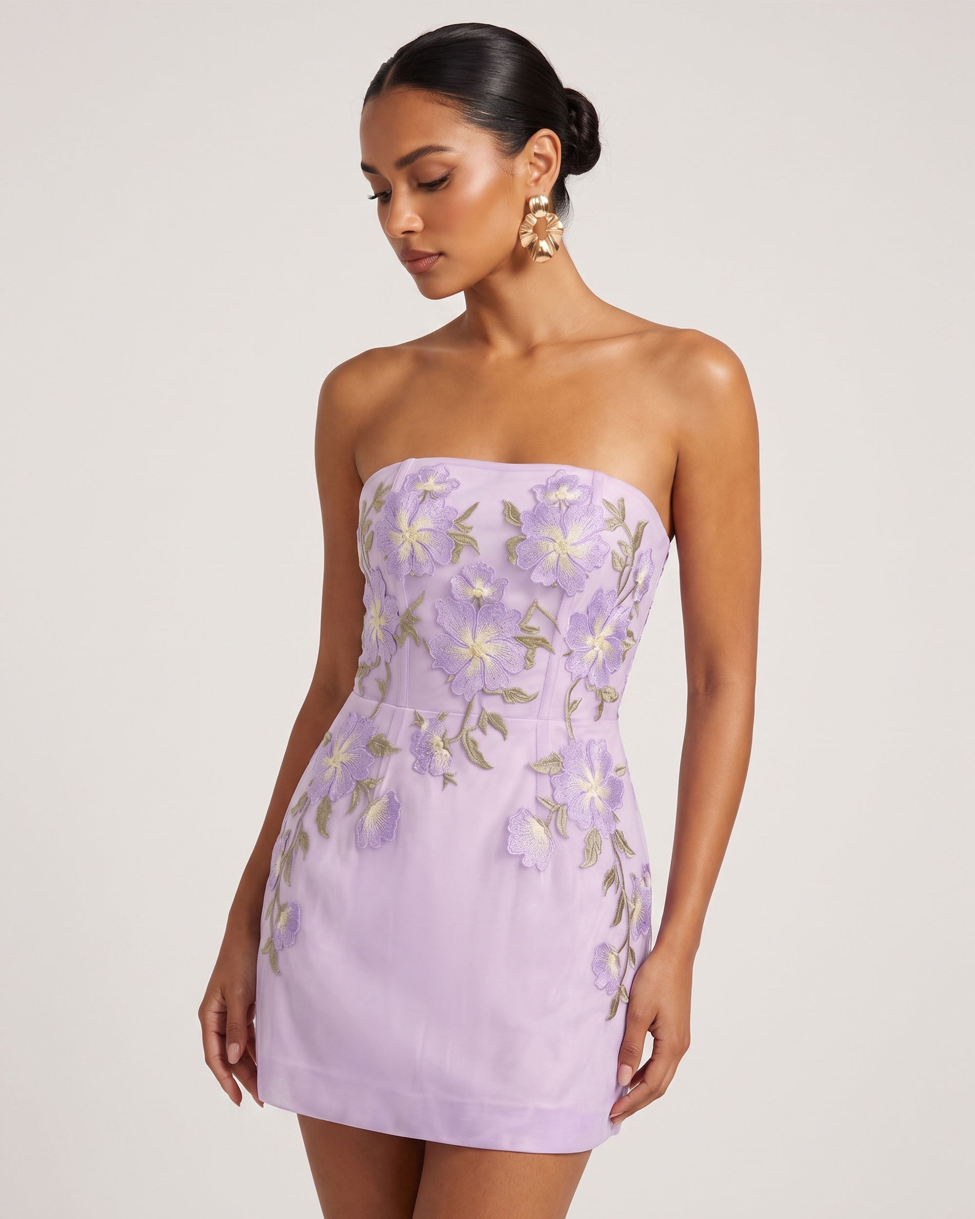 Floral Embroidered
Strapless Corset Mini Dress - Light Purple