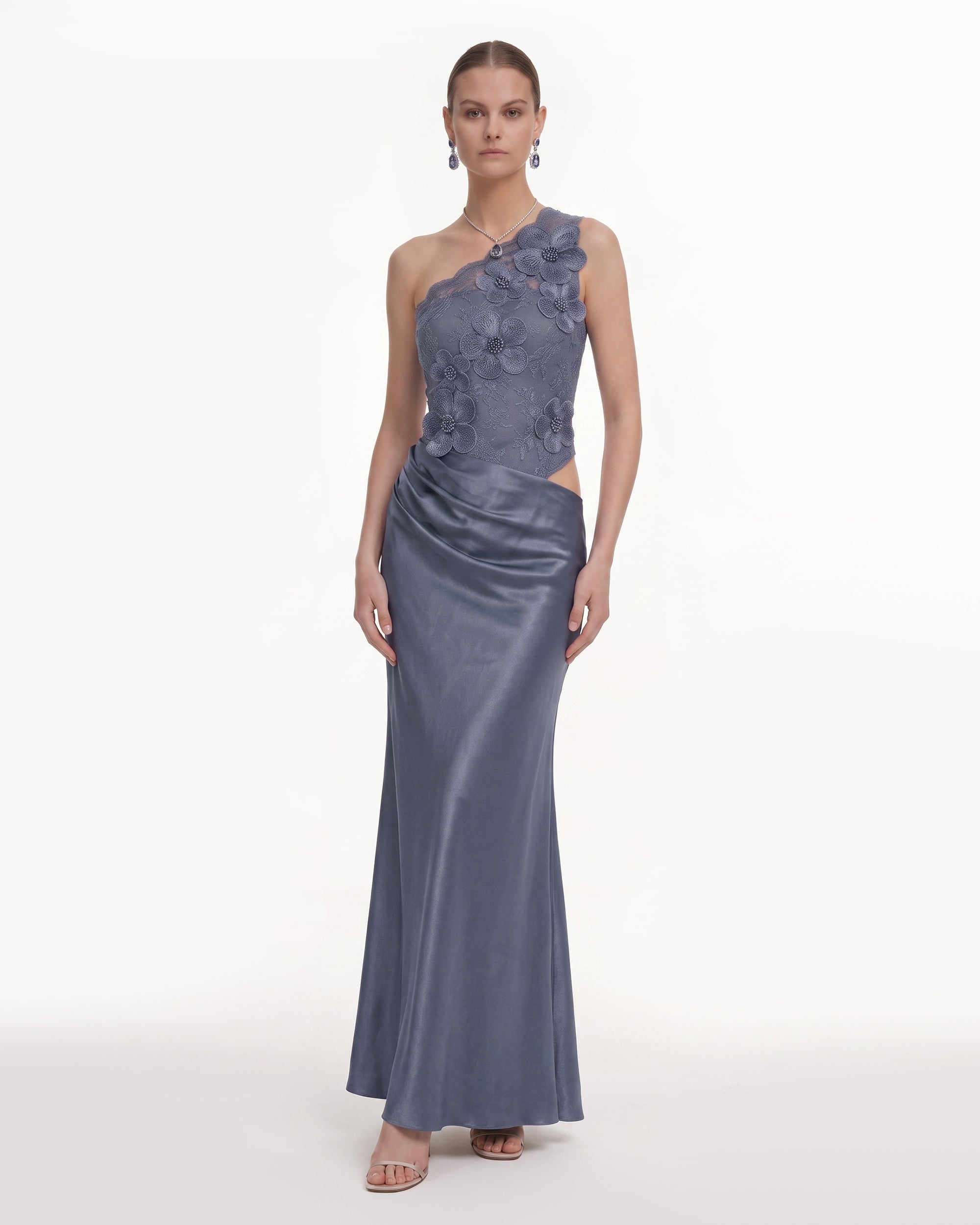 Floral One Shoulder Satin Dress - Slate Blue