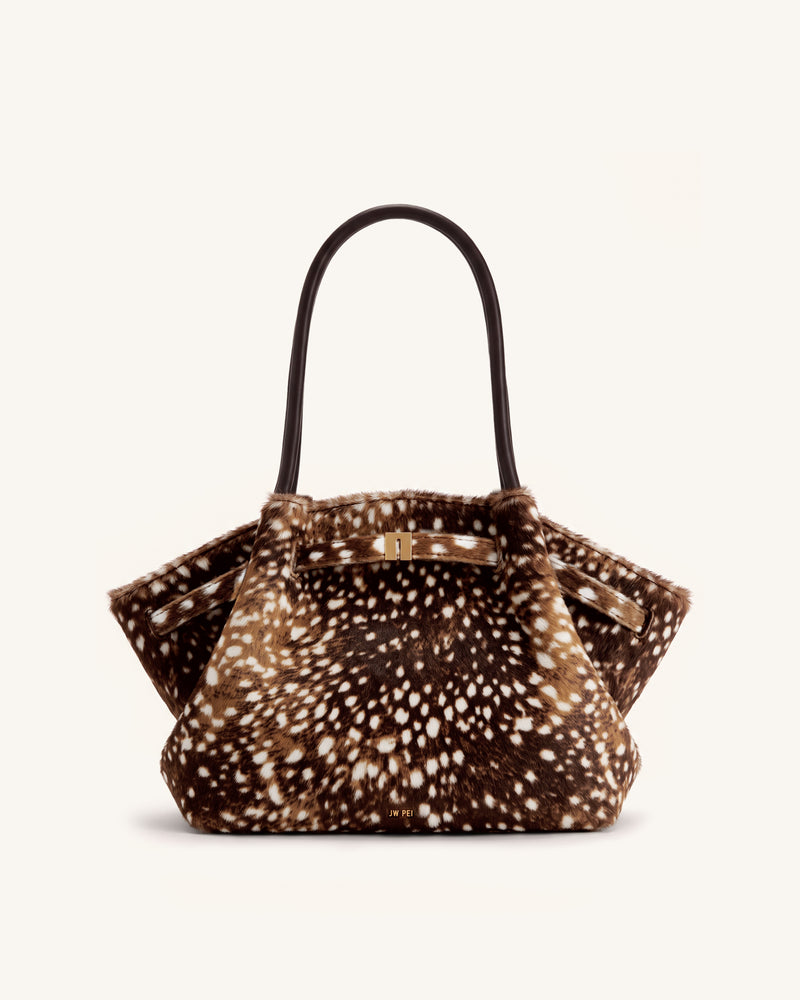 Hana Medium Faux Fur Deer Pattern Tote Bag - Brown