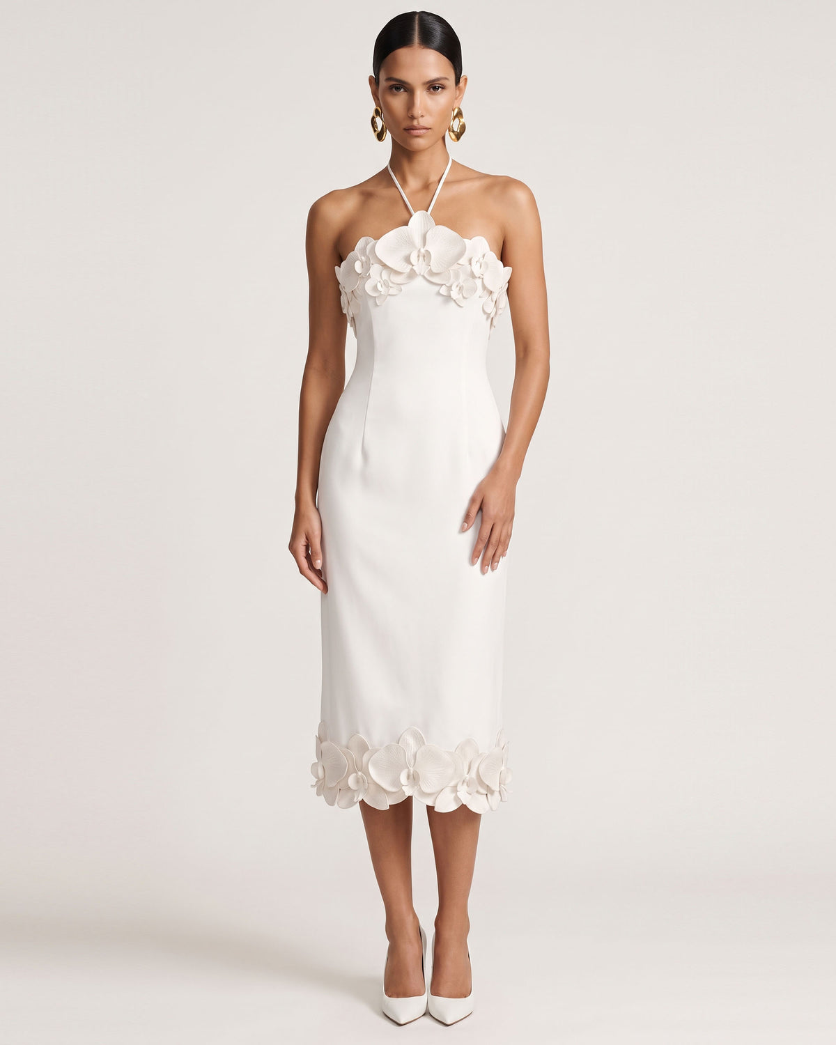 Orchid Embroidered Halter Midi Dress - White