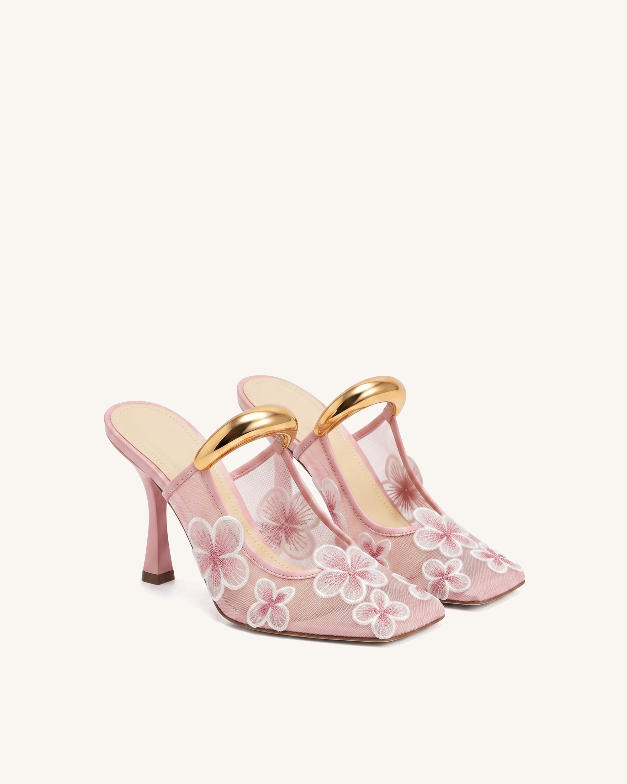 Mireille Pierced Floral Embroidered Appliqué Mesh Mules - Pink