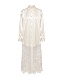 Satin Phalaenopsis Orchid Embroidery Long Shirt Dress - Ivory White