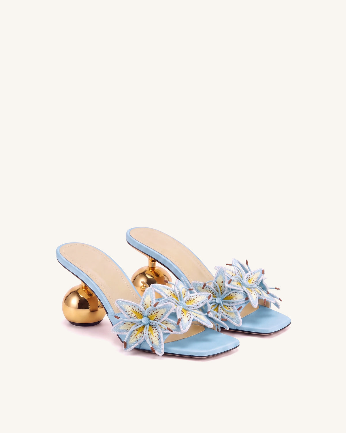 Isadora Lily Floral Sculptural-Heel Mules - Light Blue