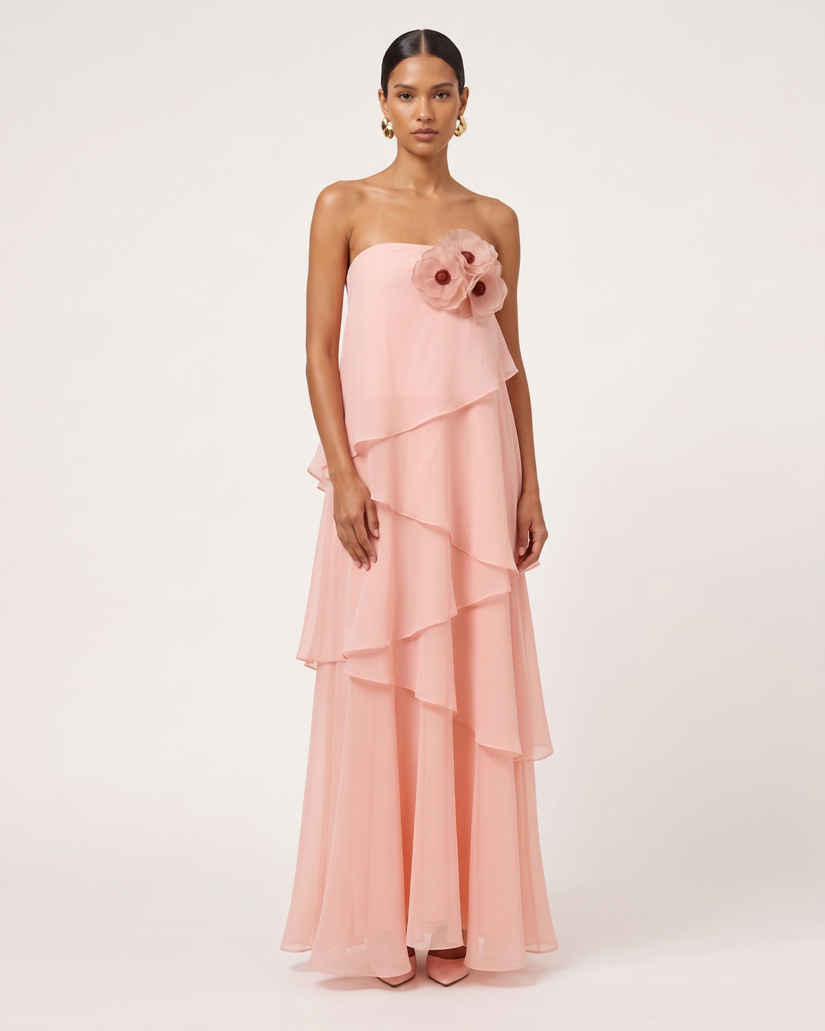Poppy Embroidered Strapless Asymmetric Ruffle Maxi Dress - Blush Pink