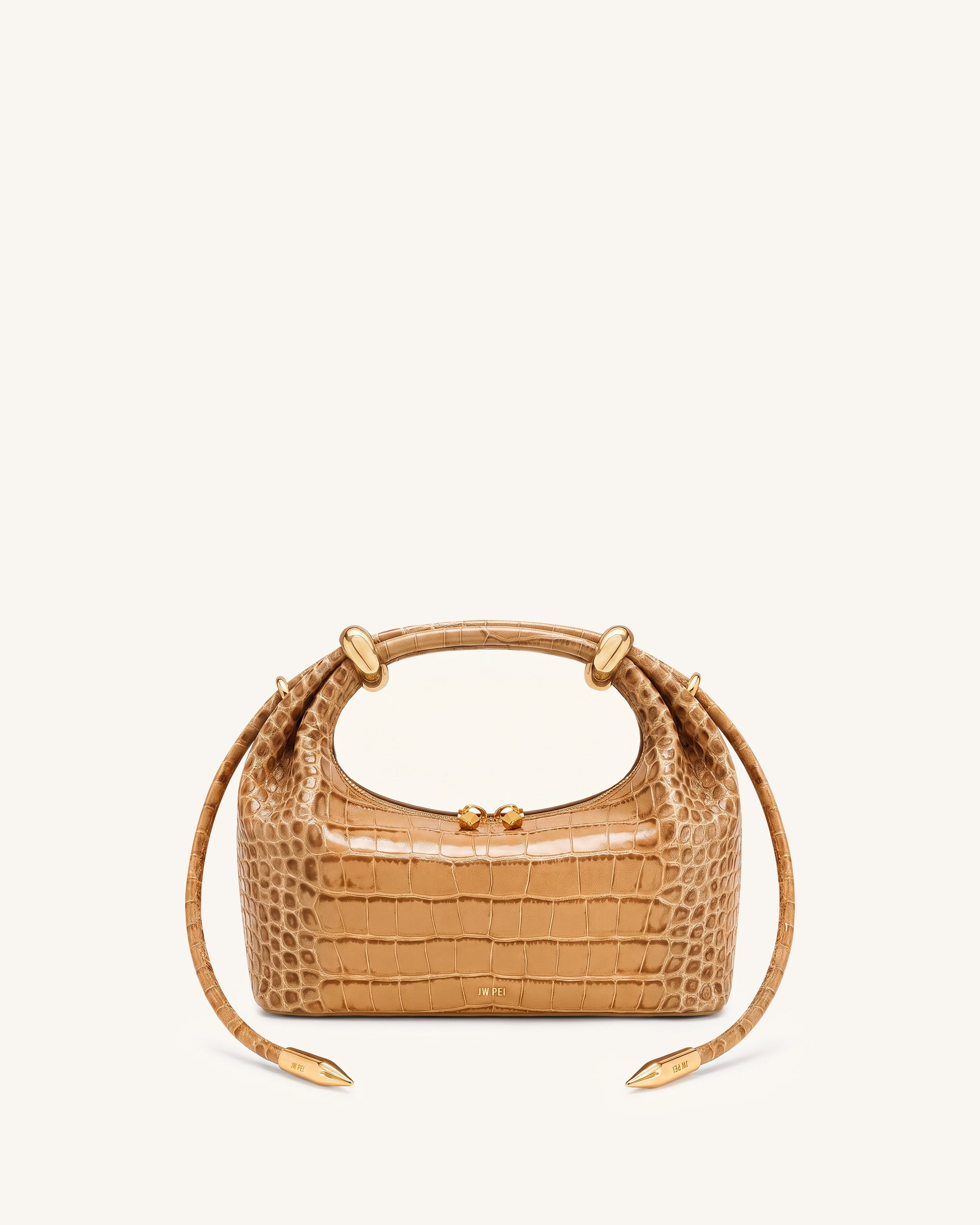 Ellie Metal Ring Embellished Top Handle Bag - Camel Croc