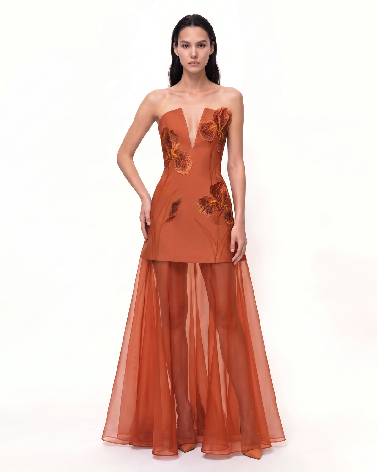 Iris Embroidered Plunge Sheer Overlay Maxi Dress - Sunset Orange