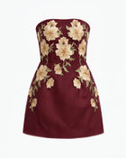 Floral Embroidered Strapless Corset Mini Dress - Burgundy
