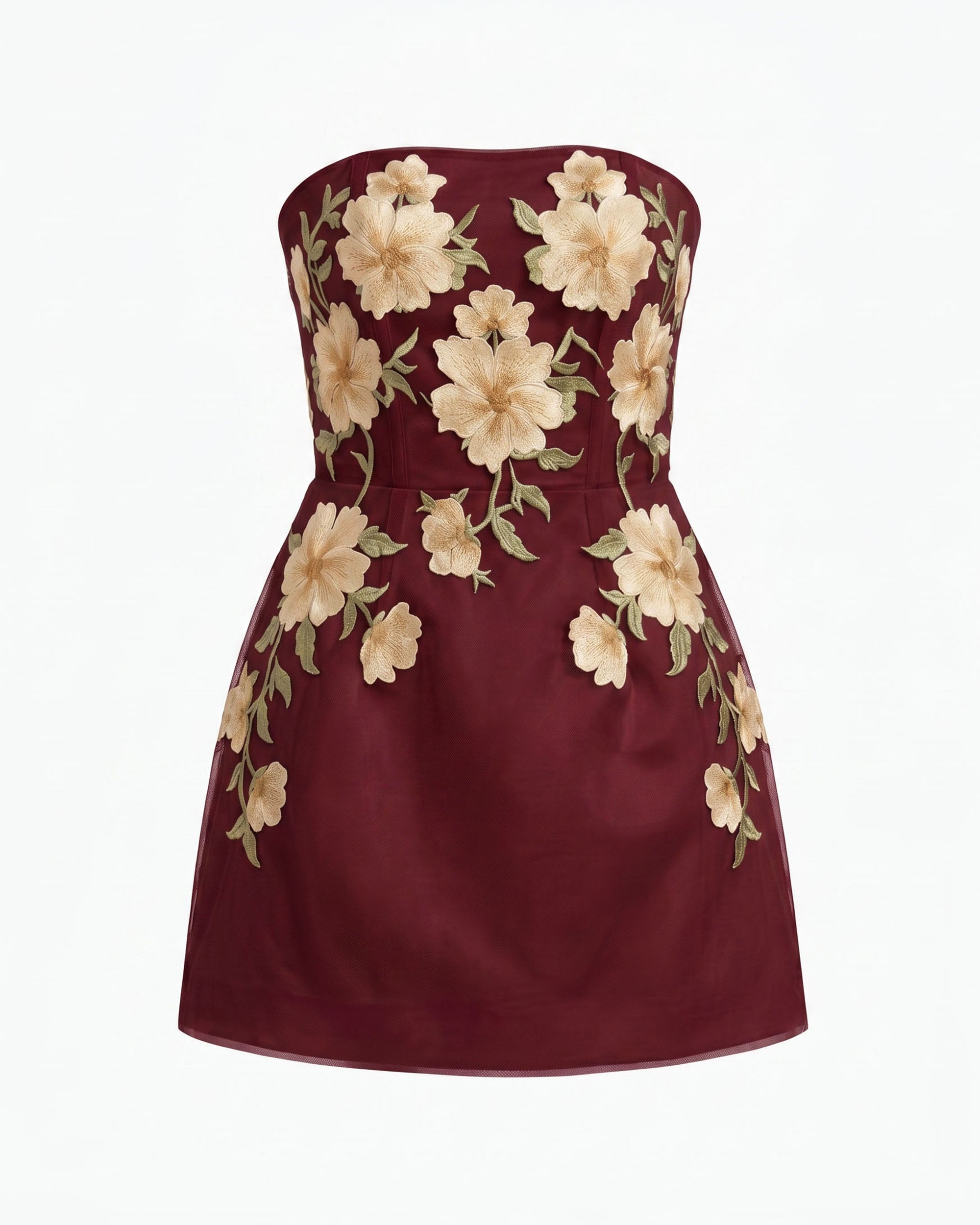 Floral Embroidered Strapless Corset Mini Dress - Burgundy