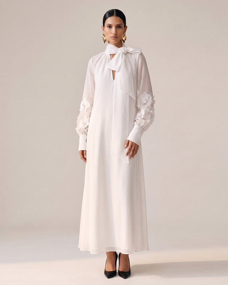 Orchid Embellished Belted Cutout-Shoulder Midi Dress - Off White