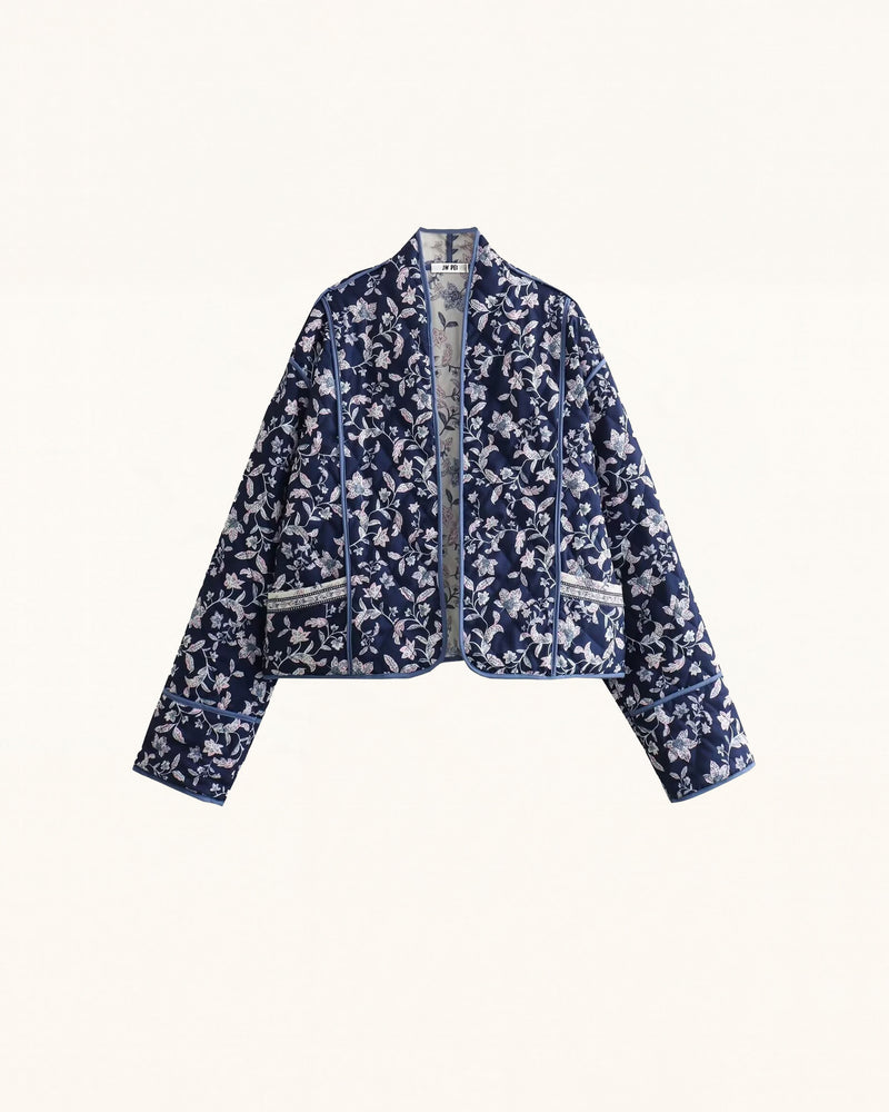 Floral Print Polyester Jacket - Navy Blue