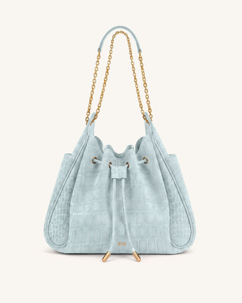 Rowan Faux Suede Drawstring Chain Bucket Bag - Sky Blue Croc