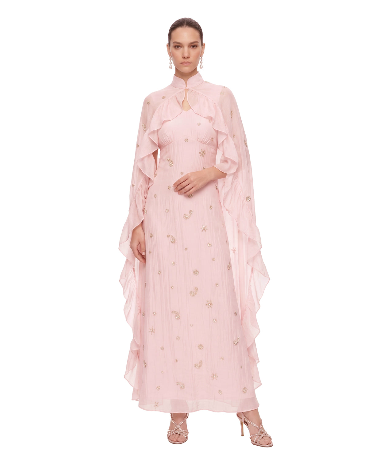 Embellished Ruffle Cape High-Neck Maxi Dress - Blush