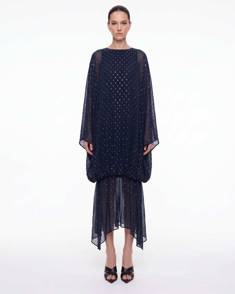 Embellished Sheer Balloon-Hem Maxi Dress - Navy