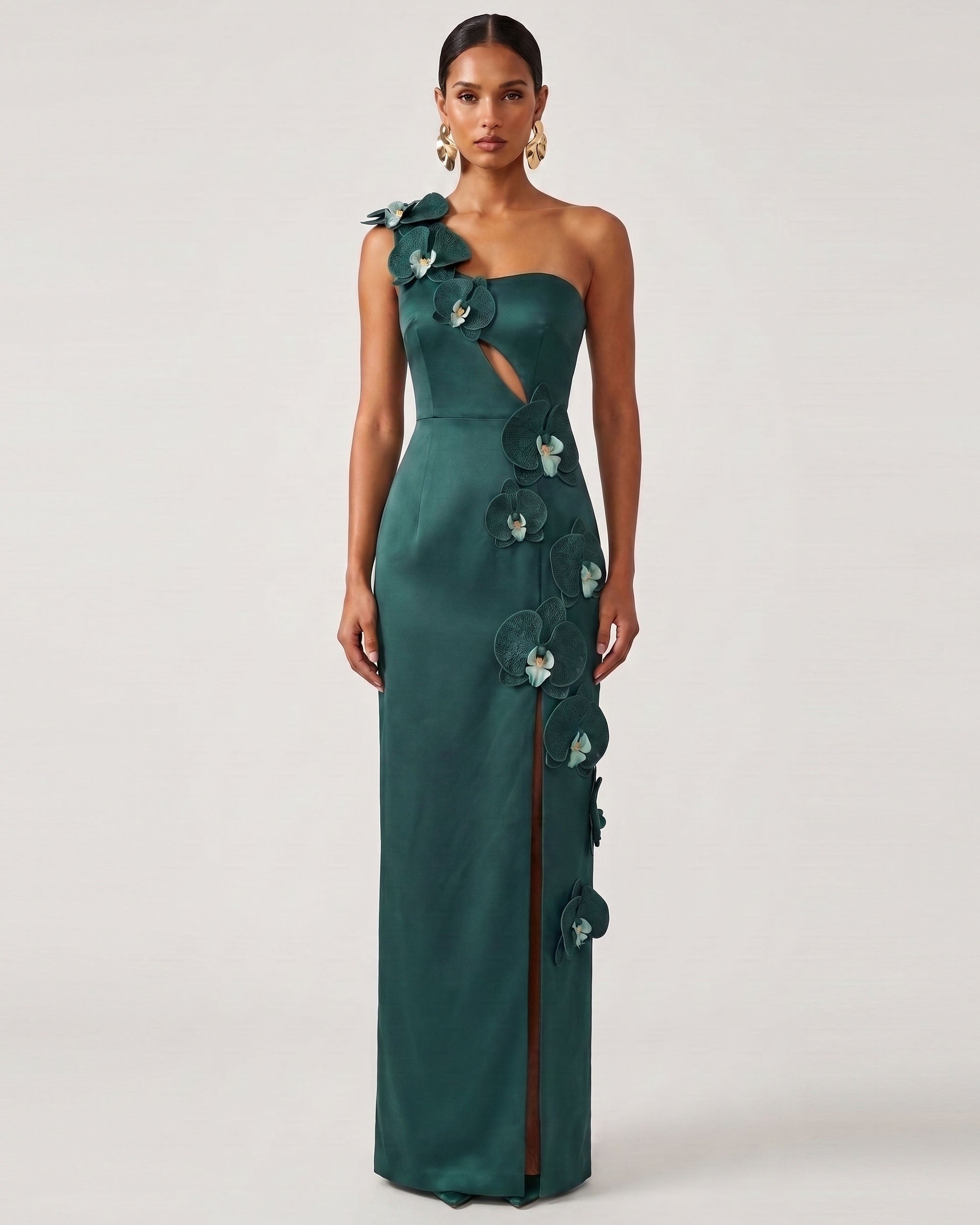 Orchid Embellished Cutout Slit Maxi Dress - Dark Green