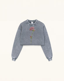 Rhinestone Rose Frayed Hem Cropped Pullover - Vintage Slate