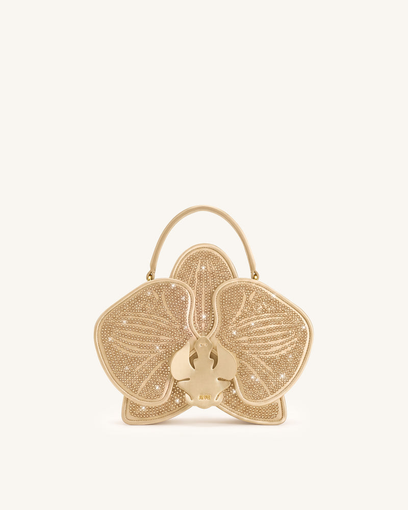 Flora Artificial Crystal Orchid Shaped Top Handle Bag - Champagne