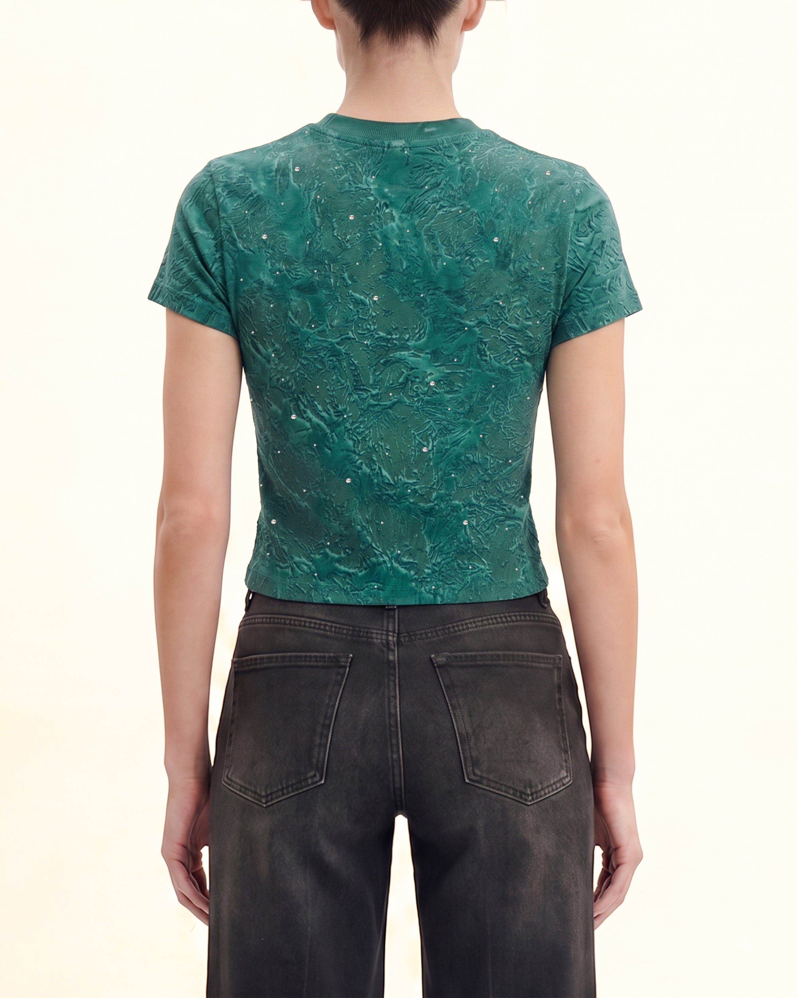 Crinkle Wash Rhinestone Cropped Tee - Emerald
