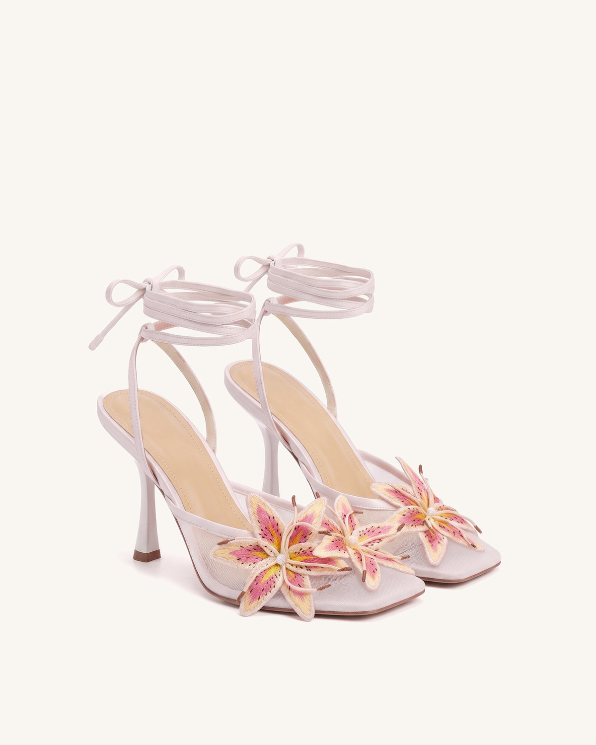 Isadora Lily Floral Heeled Mules - White