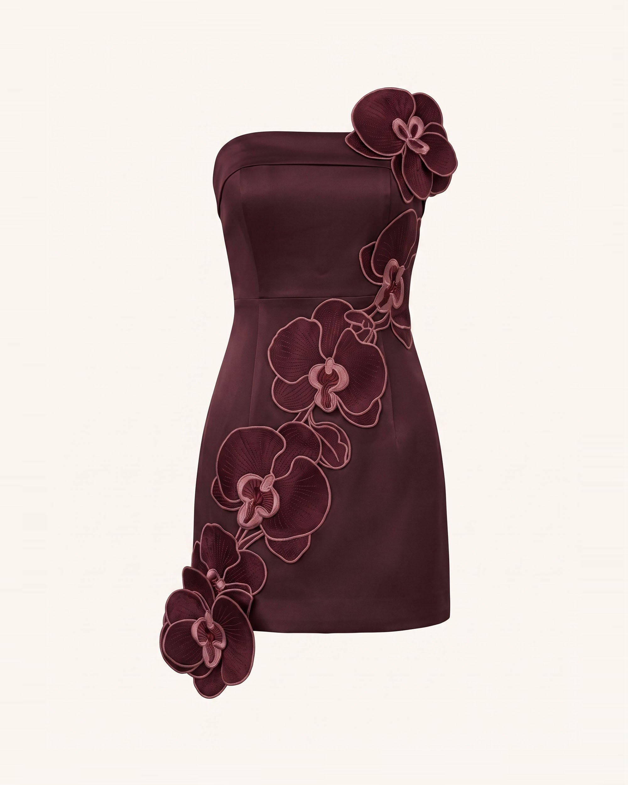 Orchid Embroidered Floral Appliqué Strapless Mini Dress - Burgundy