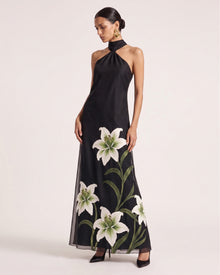 Lily Embroidered Ruched Halter Maxi Dress - Black