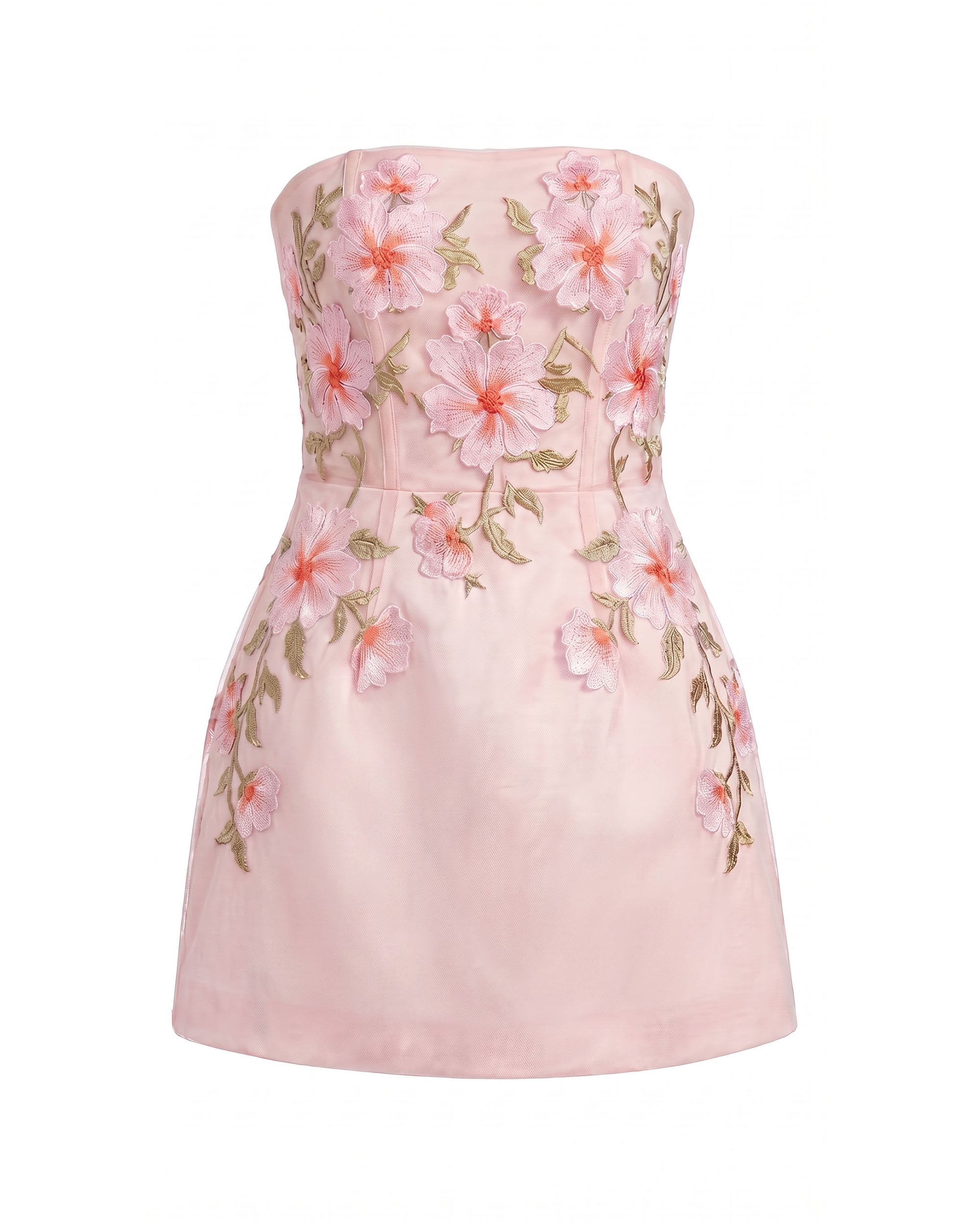 Floral Embroidered Strapless Corset Mini Dress - Light Pink