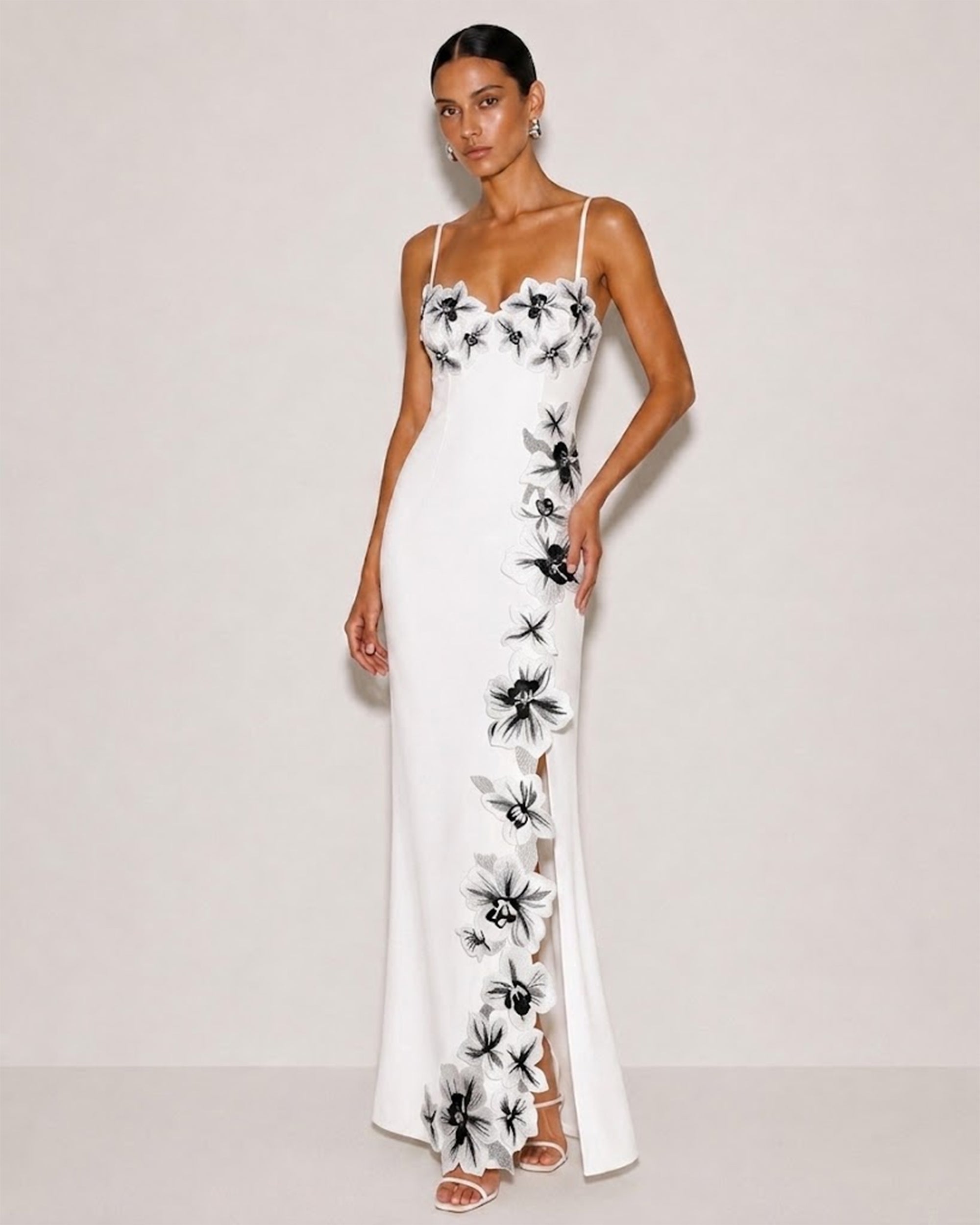 Flower Embroidered Spaghetti Strap Maxi Dress - White