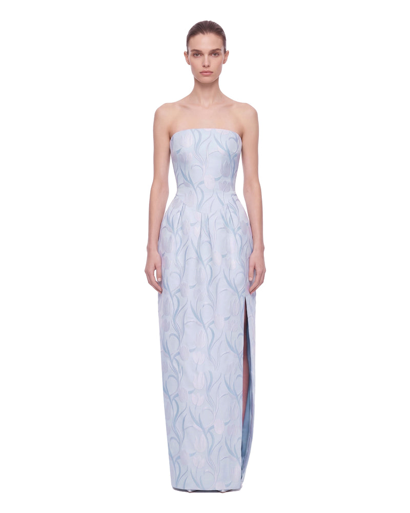 Floral Jacquard Strapless Slit Maxi Dress - Light Blue