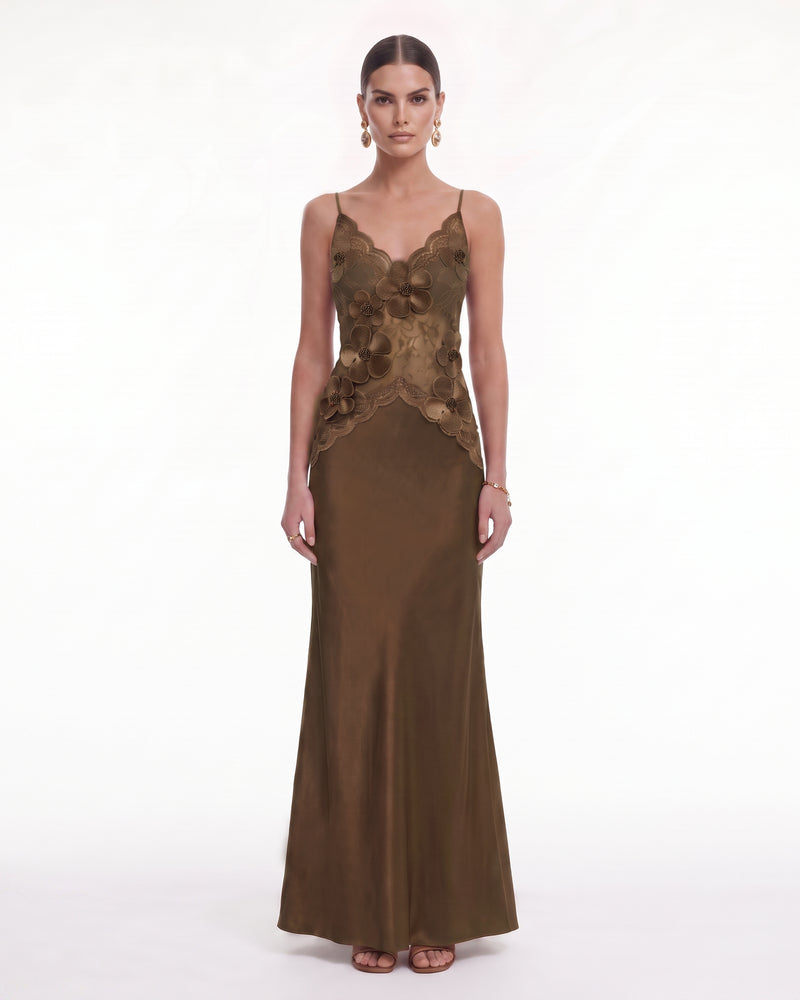 Floral Appliqué Scalloped Lace Satin Maxi Dress - Brown