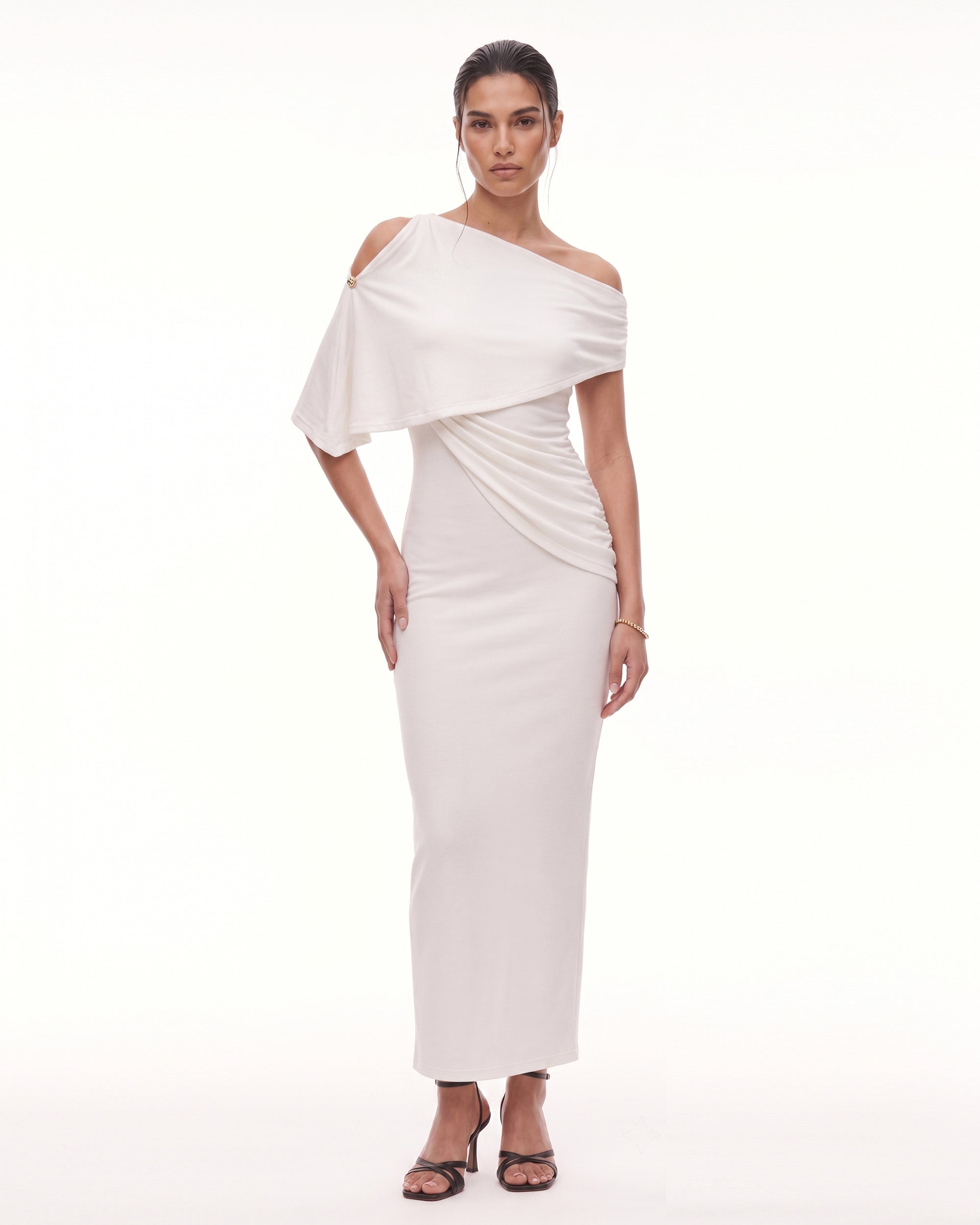 Asymmetric Shoulder Draped Cape Midi Dress - Ivory