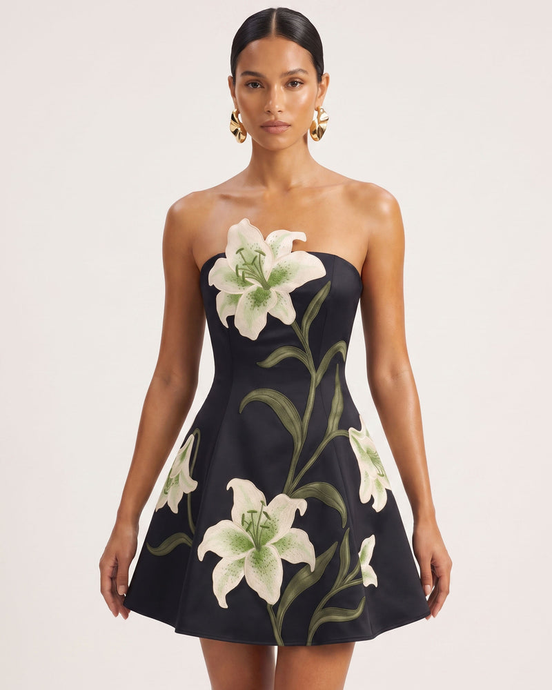 Lily Floral Print Strapless A-Line Mini Dress - Black
