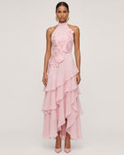 Orchid Embroidered Halter Asymmetric Layered Maxi Dress - Pink