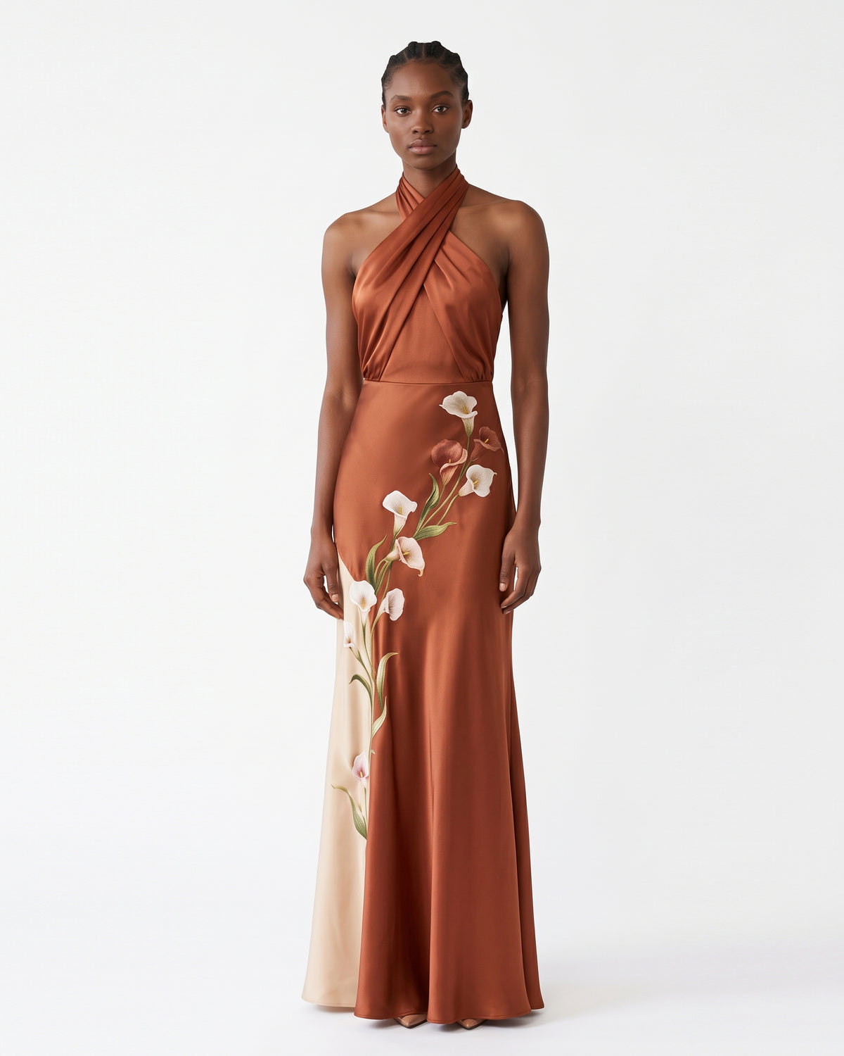 Calla Lily Printed Halter Satin Maxi Dress - Copper Brown