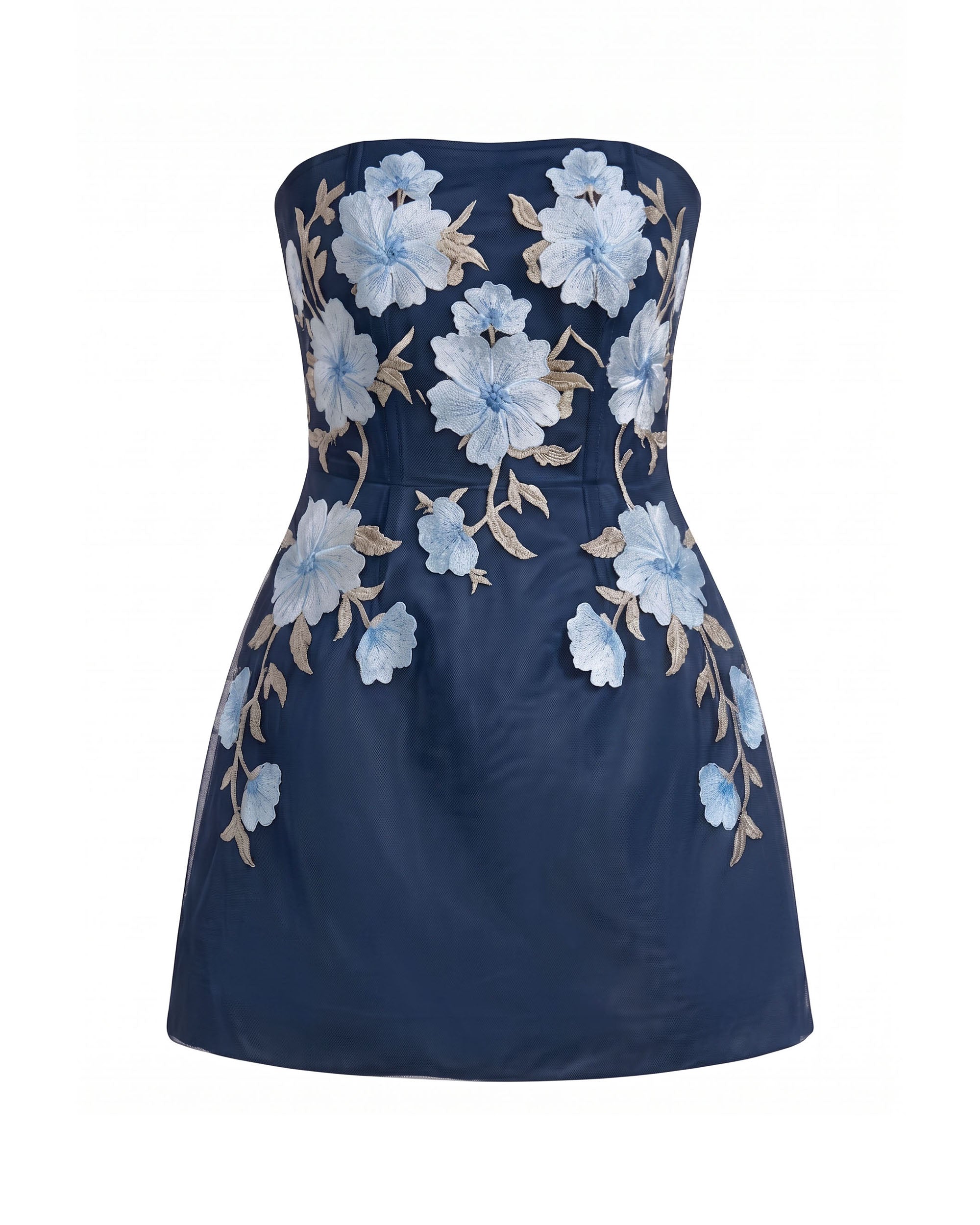 Floral Embroidered Strapless Corset Mini Dress - Dark Blue