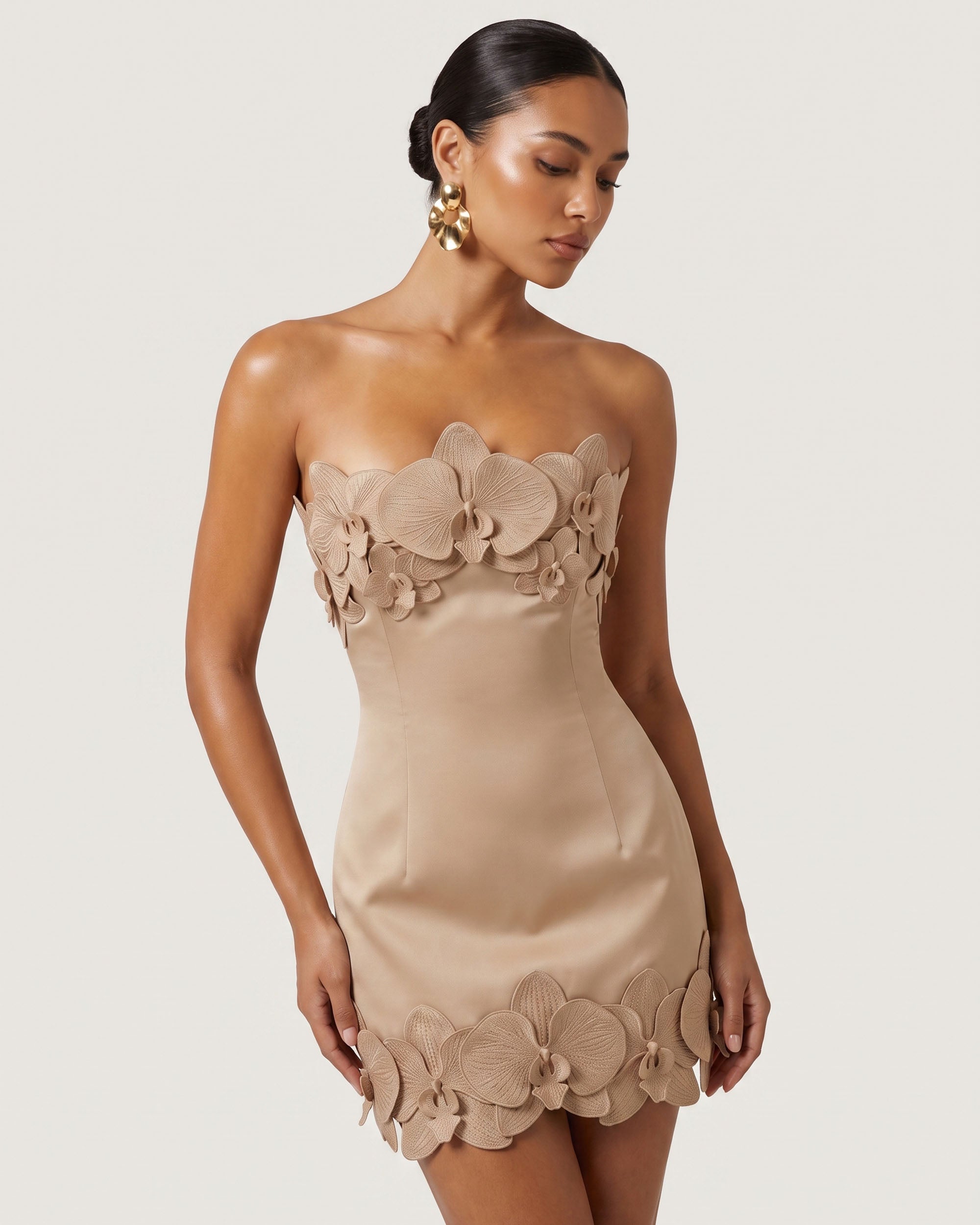 Orchid Trim Strapless Mini Dress - Mocha Brown
