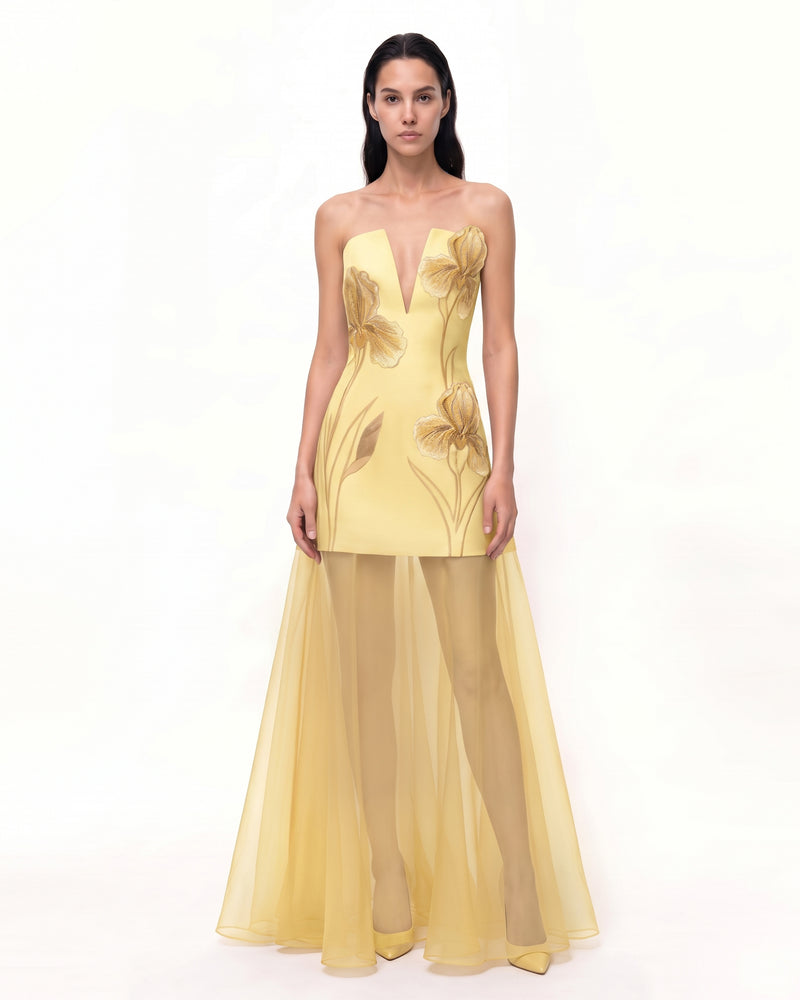 Iris Embroidered Plunge Sheer Overlay Maxi Dress - Soft Butter Yellow