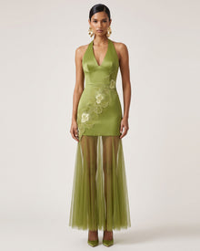 Orchid Embroidered Sheer Hem Halter Maxi Dress - Olive