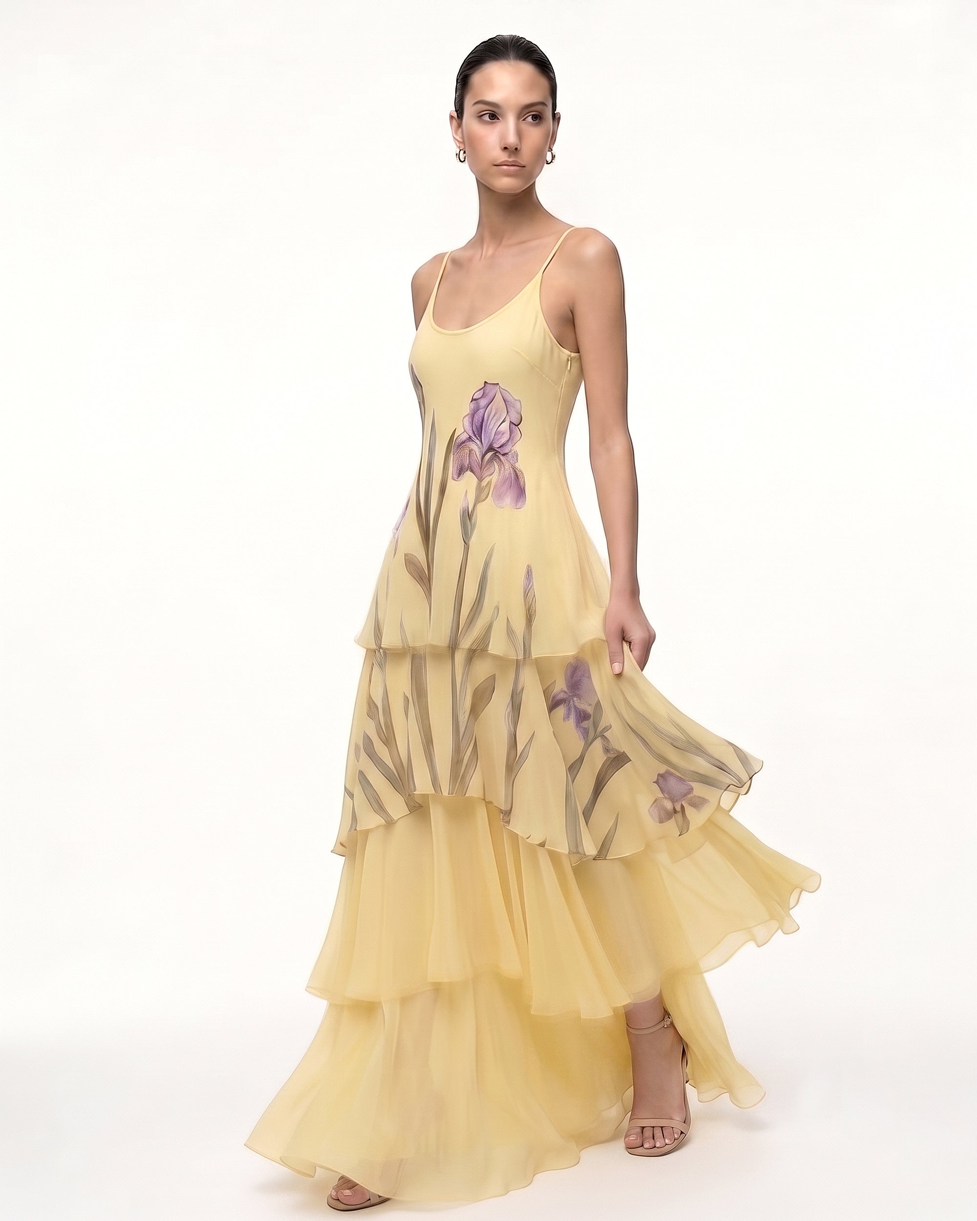 Layered Sheer Iris Print Spaghetti Strap Maxi Dress - Yellow