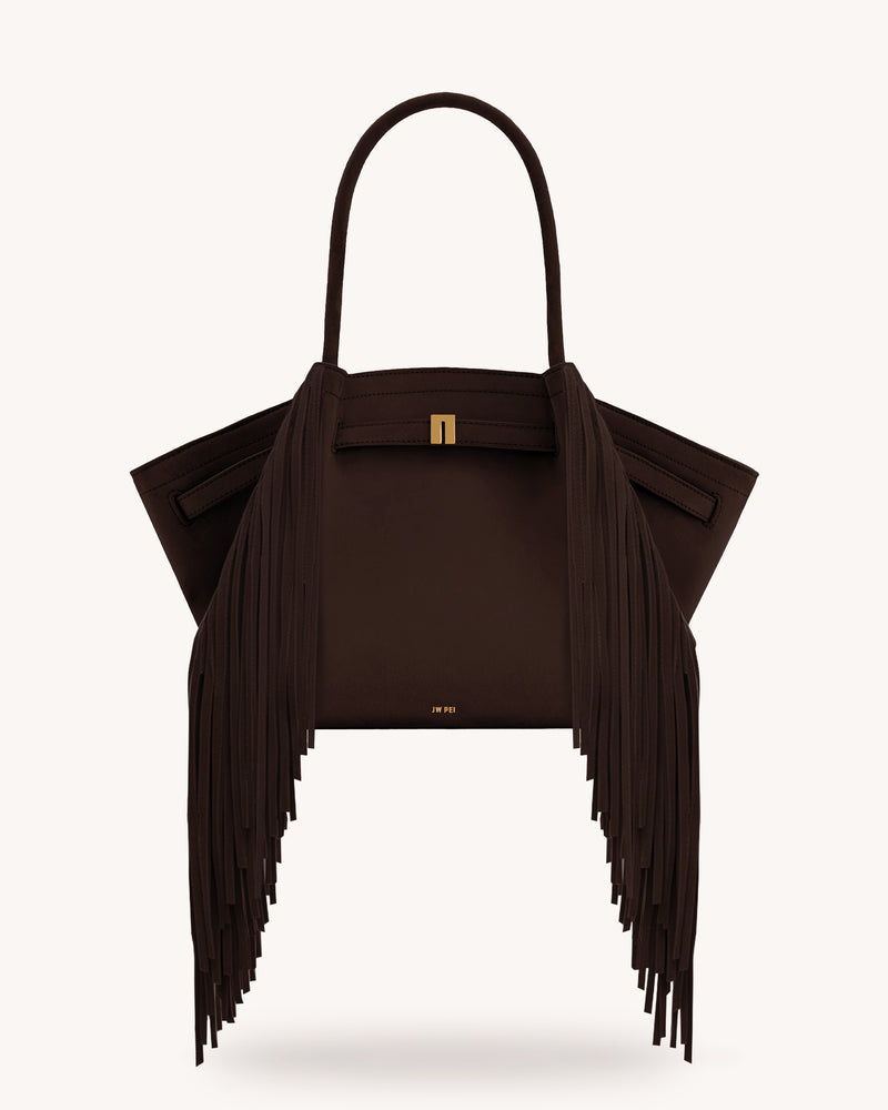 Hana Medium Faux Suede Fringe Tote Bag - Dark Brown