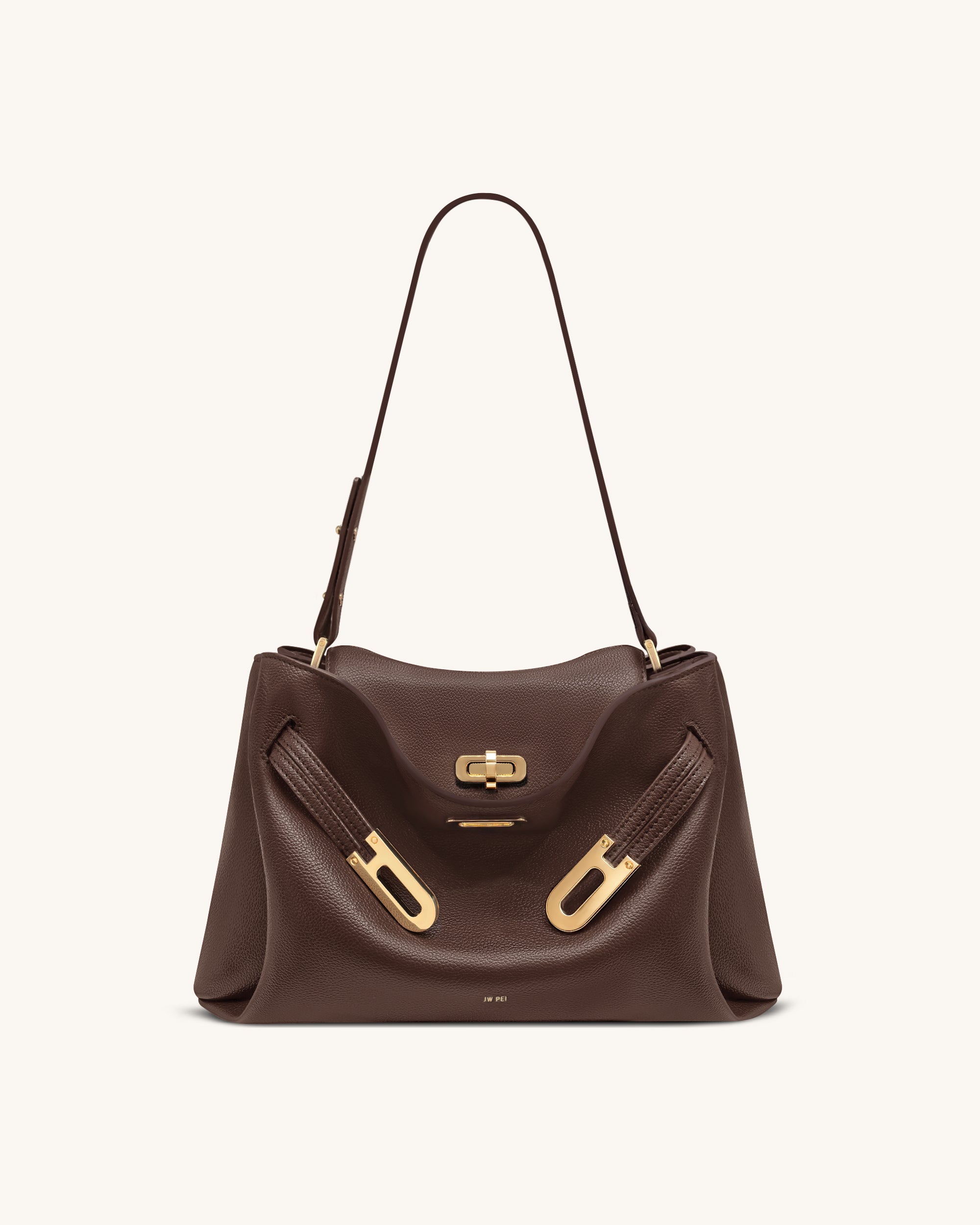 Rhea Pebbled Double Buckle Shoulder Bag - Dark Brown
