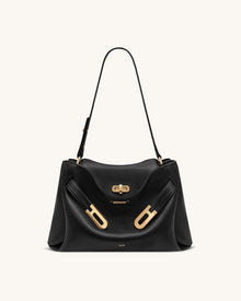 Rhea Pebbled Double Buckle Shoulder Bag - Black