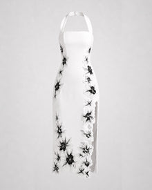 Flower Embroidered Halter Midi Dress - White