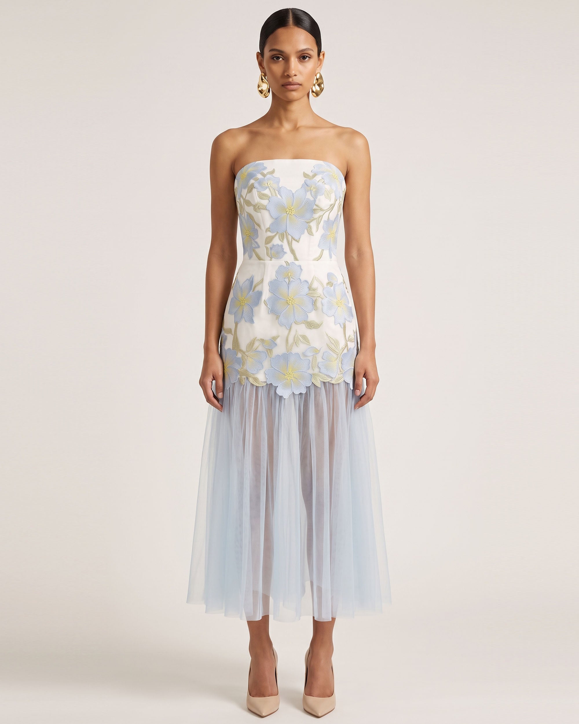 Floral Embroidered Strapless Tulle Maxi Dress - Light Blue