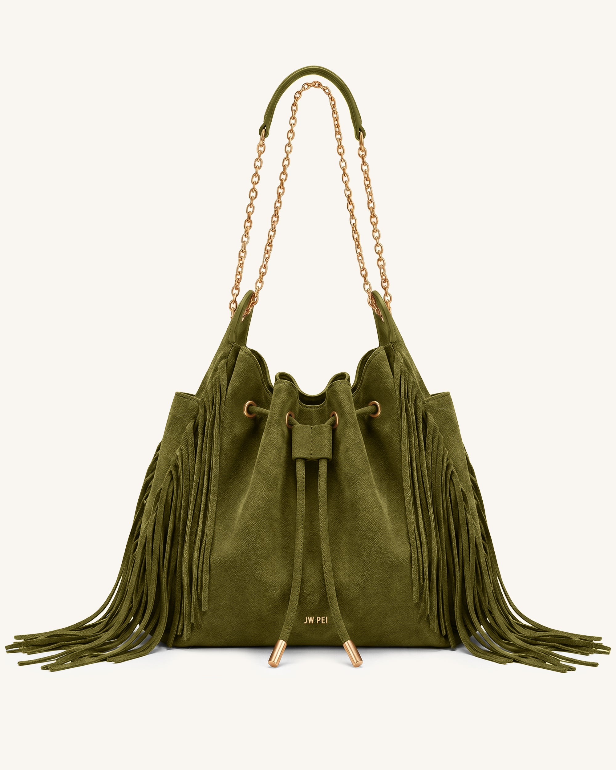 Rowan Faux Suede Tassel Ruched Drawstring Chain Bucket Bag - Grass Green